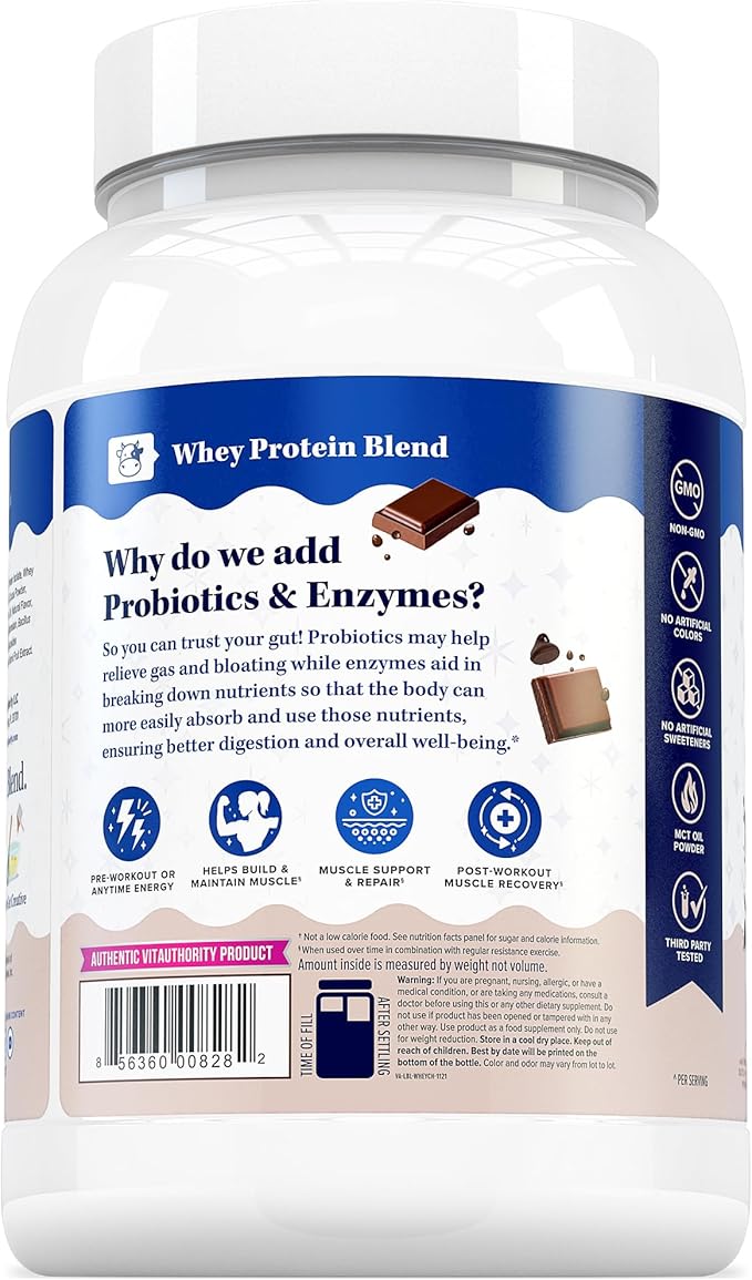 Vitauthority Whey Protein Powder for Women Whey Isolate Probiotics &amp Enzymes Supports Digestion Nutrient Absorption &amp Energy Post-Workout &amp Daily Nutrition Chocolate Flavored 30 Servings