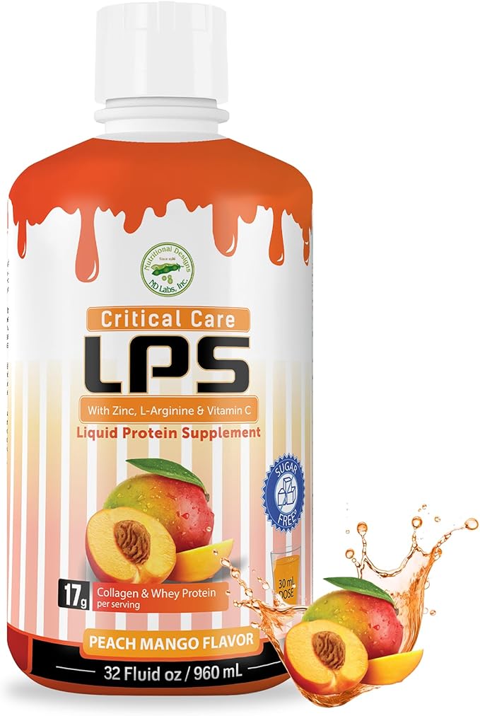 Nutritional Designs LPS Liquid Collagen &amp Whey Protein Supplement Sugar-Free Non-GMO Drink Promotes Healthy Skin &amp Hair for Men &amp Women. (Critical Care) Peach Mango