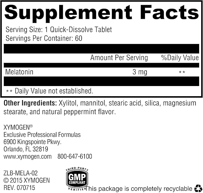 XYMOGEN Melatonin - 3 mg Melatonin Supplement - Sleep Pattern &amp Circadian Rhythm Support - Quick-Dissolve Tablet - Vegan &amp Gluten-Free - Peppermint Flavor - 60 Tablets