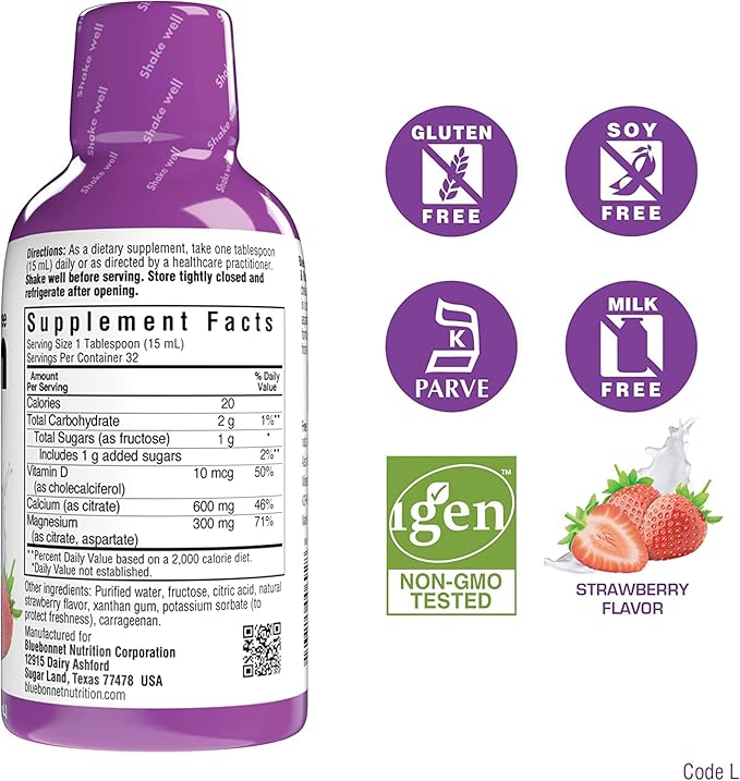 Bluebonnet Nutrition Liquid Calcium Citrate Magnesium Citrate Vitamin D3 Bone Health - Bundle of Orange Blueberry Lemon and Strawberry Flavor 4 Bottle of 16 Fl Oz Each (64 Fl Oz Total)
