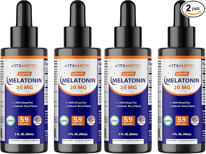 Vitamatic 4-Pack Melatonin 20mg Liquid Drops - 2 fl oz (59 ml) Each - Natural Berry Flavor - Non-GMO Vegetarian Supplement for Adults