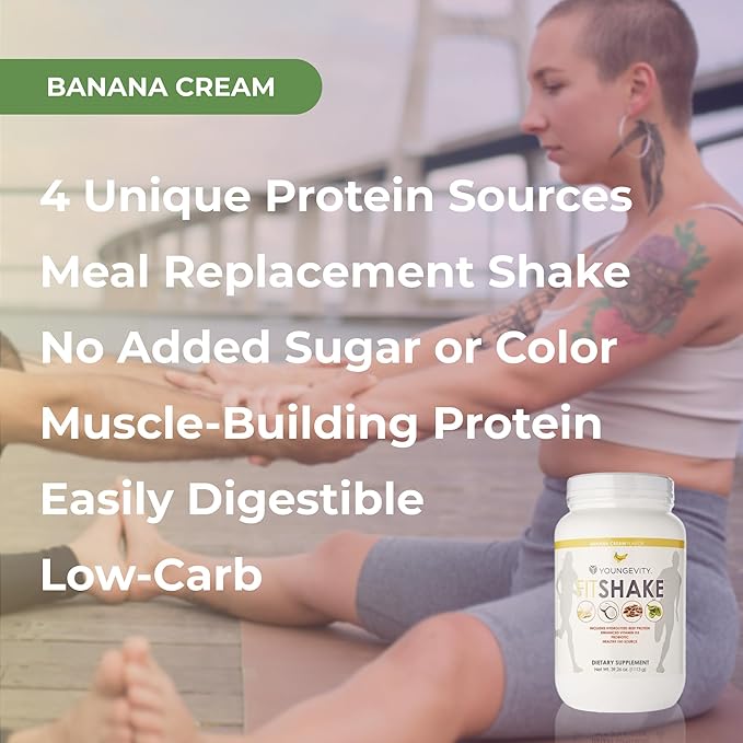 Youngevity FitShake™ Banana Cream | 20g Gut-Friendly Protein | Electrolytes Minerals Collagen Gelatin Vitamin D Probiotics and More | 30 Servings - 2.4 lbs