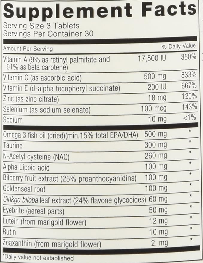 Eagle-Eyes Optimal Vision Health with 500 mg Omega 3 Fish Oil Lutein Zeaxanthin Bilberry Fruit Extract Vitamins A C E Zinc NAC Taurine 90 Tablets