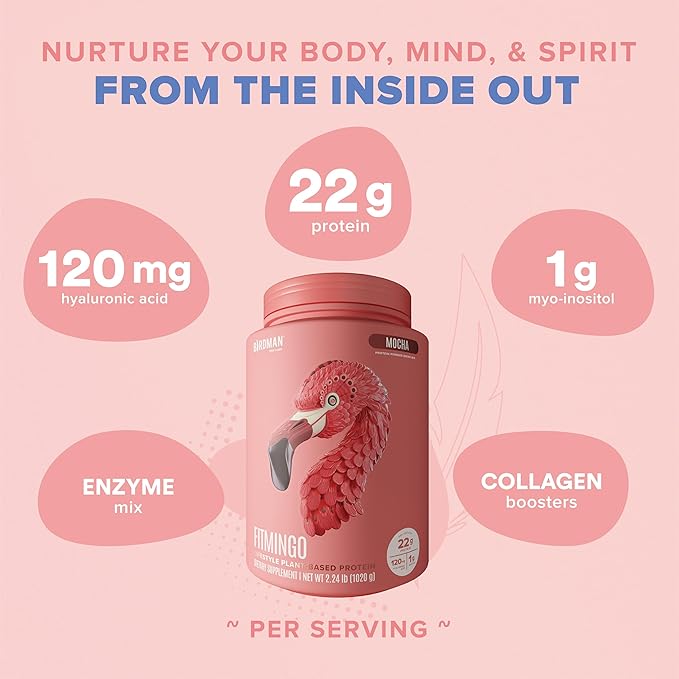 BIRDMAN Fitmingo Vegan Protein Powder with Inositol Collagen Boosters Hyaluronic Acid and Vitamins | Low Carb Dairy Free Low Calorie | 23g Plant Based Blueberry Protein Powder with Myo-Inositol