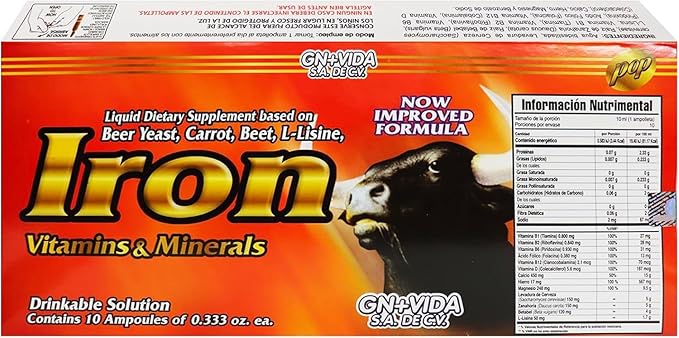 Hierro Liquid Dietary Supplement – Iron with Brewer’s Yeast Carrot Beetroot &amp L-Lysine – Vitamins &amp Minerals – 10 Ampoules x 10 mL