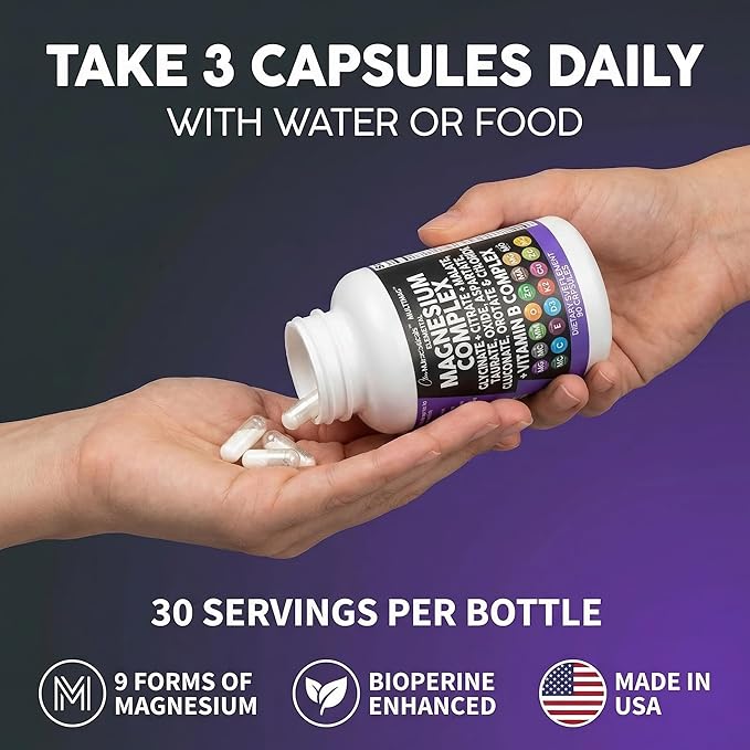 Clean Nutraceuticals Magnesium Complex with Magnesium Glycinate Citrate Malate Oxide Taurate Aspartate Orotate &amp Mag Chloride Zinc Copper Manganese &amp Vitamin C B1 B2 B6 B12 Complex - 1Pack