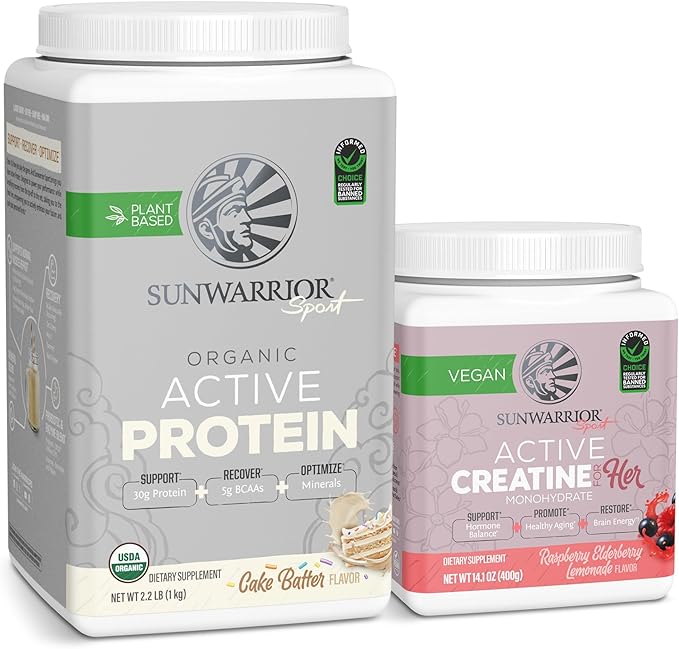 Sunwarrior Vegan Protein Powder USDA Organic | 20 Servings Cake Batter Flavored &amp Creatine Monohydrate Powder for Her | Micronized 50 Servings Raspberry Lemonade Flavored