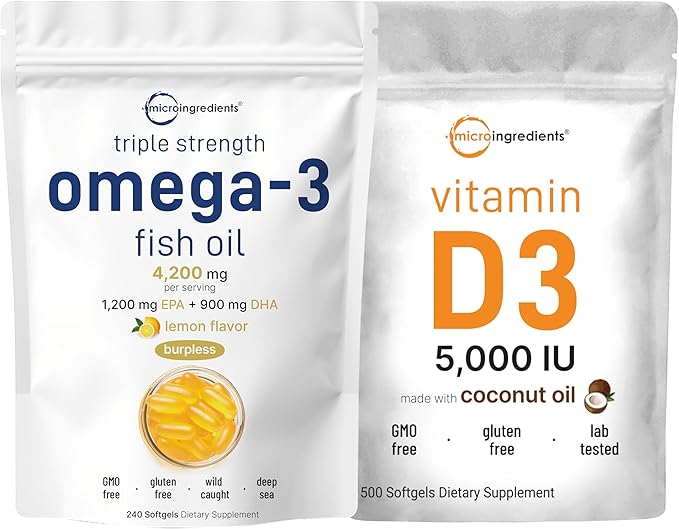 Micro Ingredients Omega-3 Fish Oil 4200mg &amp Bundle Pack &amp Vitamin D3 5000 IU Bundle Pack | Wild-Caught Fish Lemon Flavored Burpless | Vitamin D as Cholecalciferol