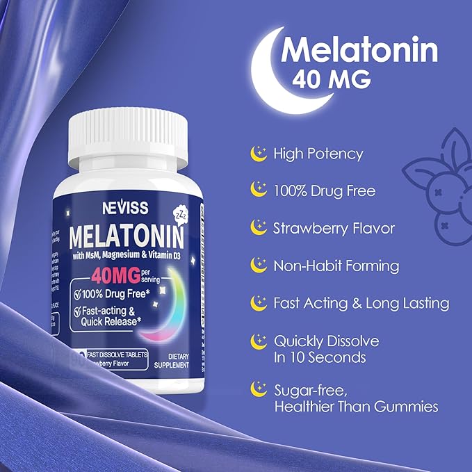Melatonin 40 mg for Adults - Fast Dissolve &amp Chewable Sublingual Sleep Supplement - Extra Strength Melatonin with Vitamin D3 &amp MSM Selenium for Health Rest Cycle Deep Zzzs Sugar-Free 180 S