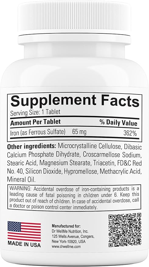 Ferrous Sulfate Enteric-Coated Tablets - Wellness for Life Dietary Supplement 100 Tablets - 324 mg
