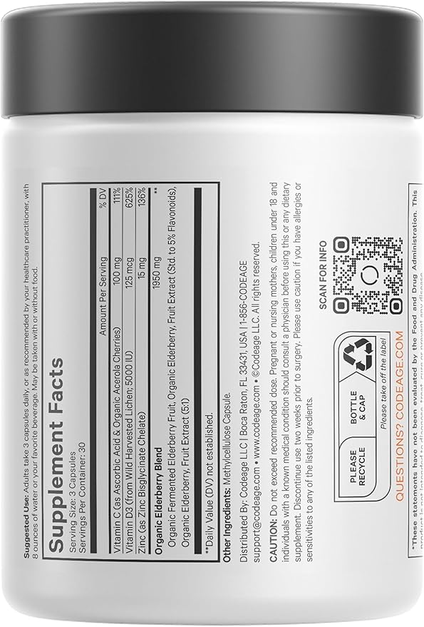 Codeage Elderberry Vitamins - Organic Fermented Elderberry Blend Vitamin C from Ascorbic Acid &amp Organic Acerola Cherries Vitamin D3 Zinc Sambucus Berries - 90 Capsules