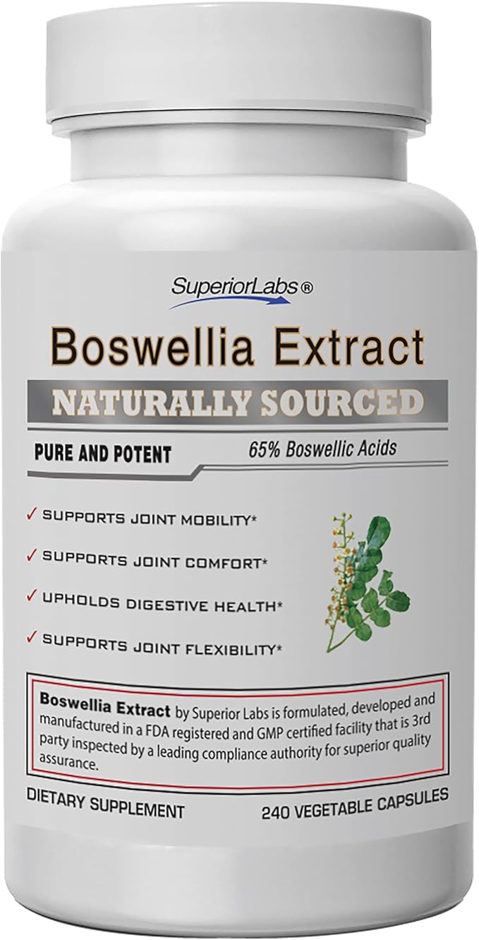 Superior Labs Boswellia Serrata Extract 500mg – 65% Boswellic Acids Pure Non-GMO Zero Fillers Indian Frankincense Supports Healthy Inflammatory Response &amp Joint Comfort – 240 Veg Caps