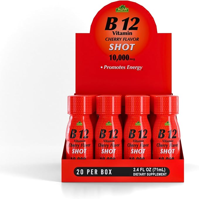 ALFA VITAMINS Vitamin B12 Energy Shot Natural Sugar Free Dietary Supplement Boosts Energy Supports Immune System Cherry Flavored Gluten Free 10000 mcg per Serving 2.0 oz Bottle 80 Pack