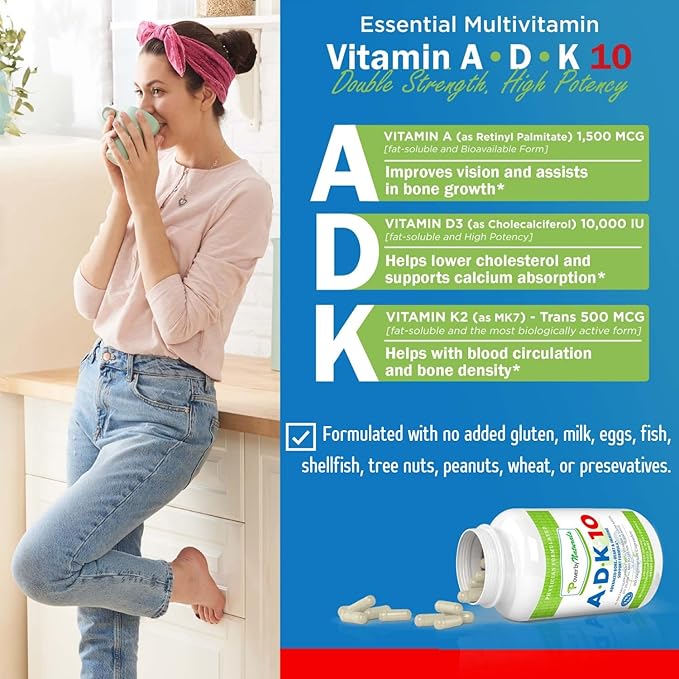 Power By Naturals ADK Vitamin Supplement – ADK 10 High Potency with Vitamins A D3 10000 IU &amp K2 MK7 for Bone Health – Vitamin A D K Supplement – 90 Capsules 2 Pack (6-Month Supply)
