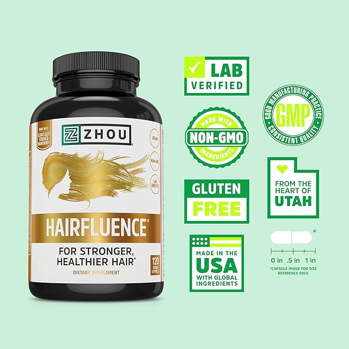 Zhou Hairfluence - Vegan Biotin Supplement for Hair Growth for Men &amp Women Supports Stronger Healthier Hair Nails &amp Glowing Skin with Lustriva &amp B Vitamin Complex - 120 Veggie Capsules