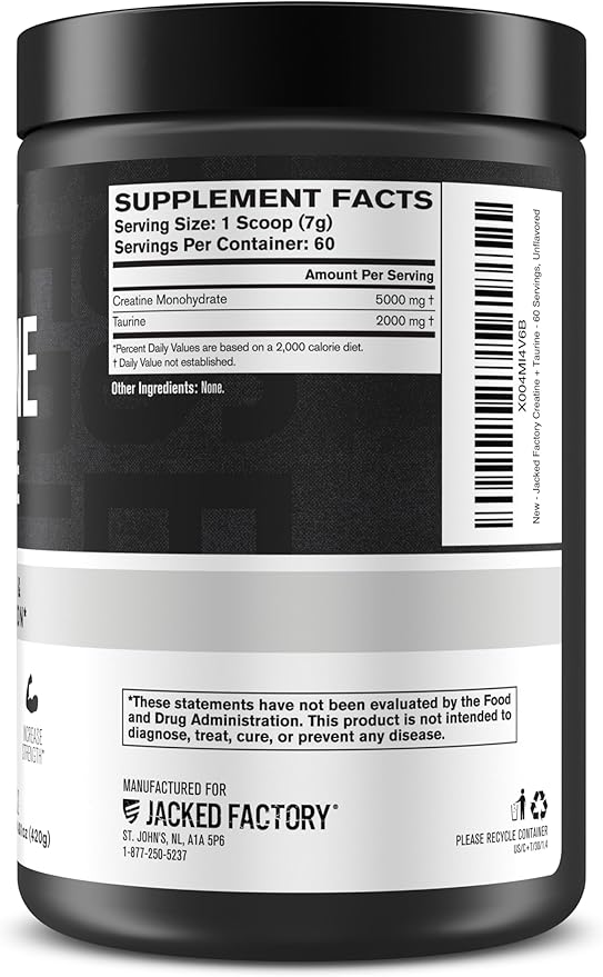 Jacked Factory Creatine + Taurine - Creatine Monohydrate 5000mg with Taurine 2000mg for Increased Muscle Strength &amp Cellular Hydration - 60 Servings Unflavored