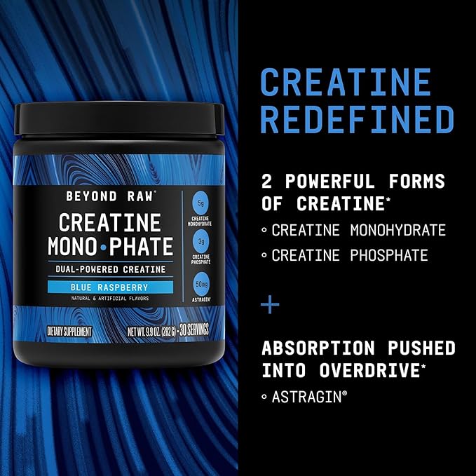 BEYOND RAW GNC Creatine Monophate - 8g Dual-Powered Creatine Powder for High-Intensity Training - AstraGin - Easy to Mix - Gluten-Free &amp Sugar-Free - Blue Raspberry - 30 Servings