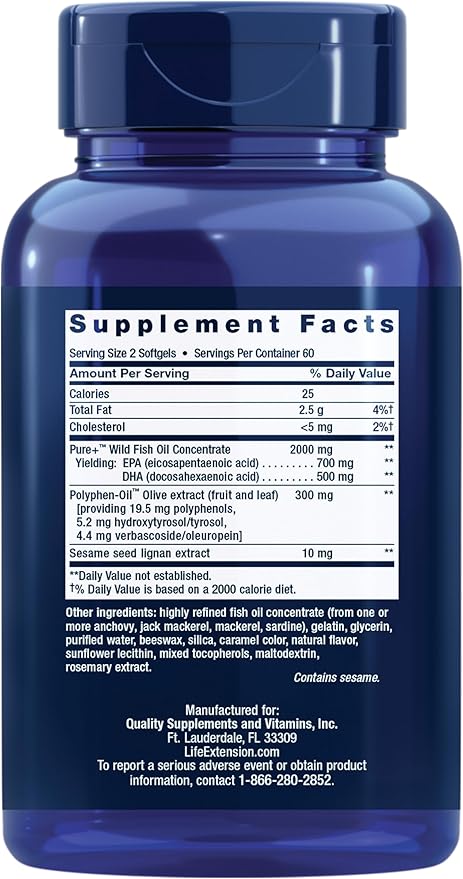 Life Extension Super Omega-3 EPA/DHA Fish Oil Sesame Lignans &amp Olive Extract – Cognitive Health Cholesterol Health Support Gluten-Free Non-GMO 120 Softgels