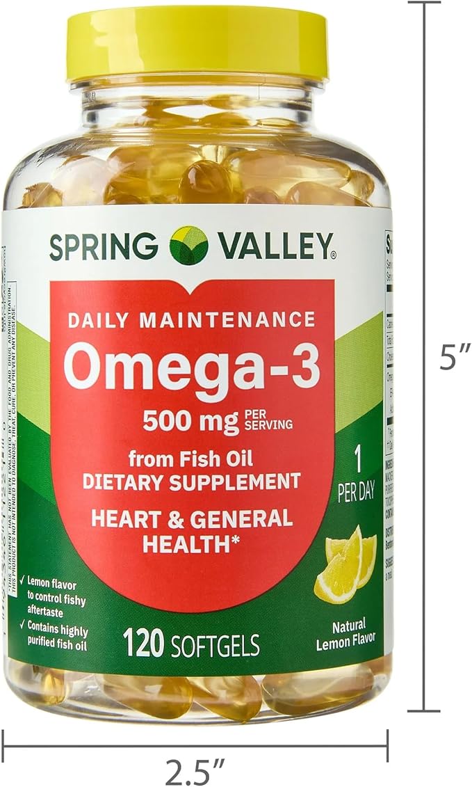 SUREFECT Spring Valley Omega-3 Fish Oil 500mg Softgels - 120 Count Lemon Flavor - Heart &amp General Health Support* - High EPA/DHA Burpless Formula Organizer