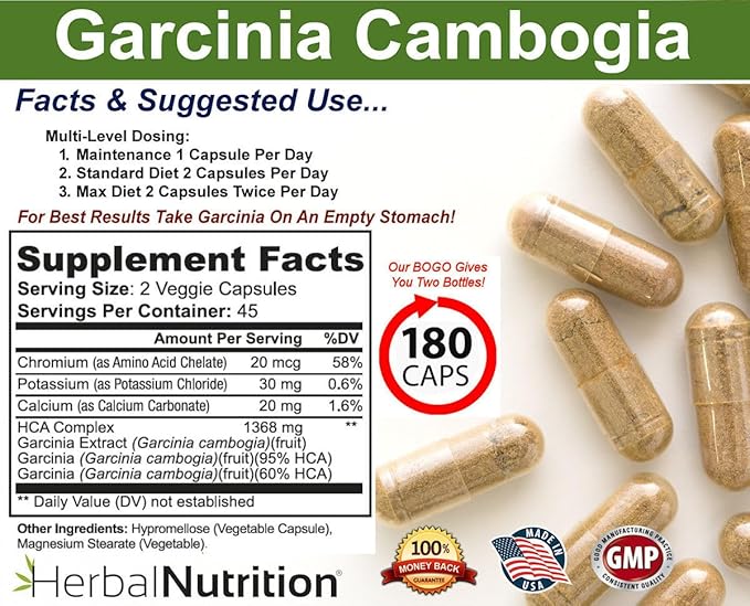 Herbal Nutrition Garcinia Cambogia for Weight Management and Kidney Stone Management 2 90 Count Bottles 180 Capsules 60% and 95% HCA Blend Dosing 700mg - 2400mg