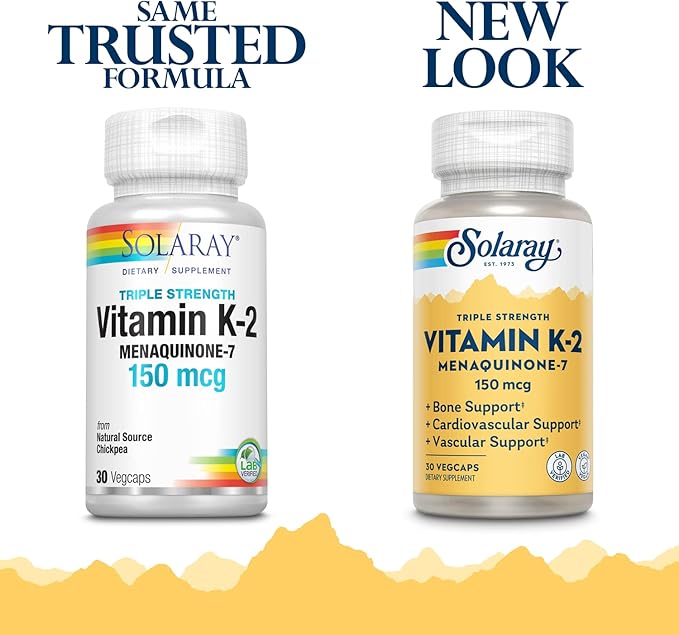 Solaray Triple Strength Vitamin K-2 as MK-7 150 mcg - Vitamin K2 MK7 Supplement for Bone Health Support Pure Vit K2 as Menaquinone for Women and Men - 30 Vegan Capsules