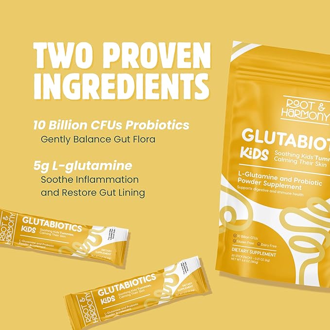 Root &amp Harmony Glutabiotics Kids Probiotic &amp L-Glutamine Powder – Daily Children's Gut Health Skin &amp Immune Support Supplement Unflavored Dairy Free Gluten Free 10 Billion CFU 30ct B
