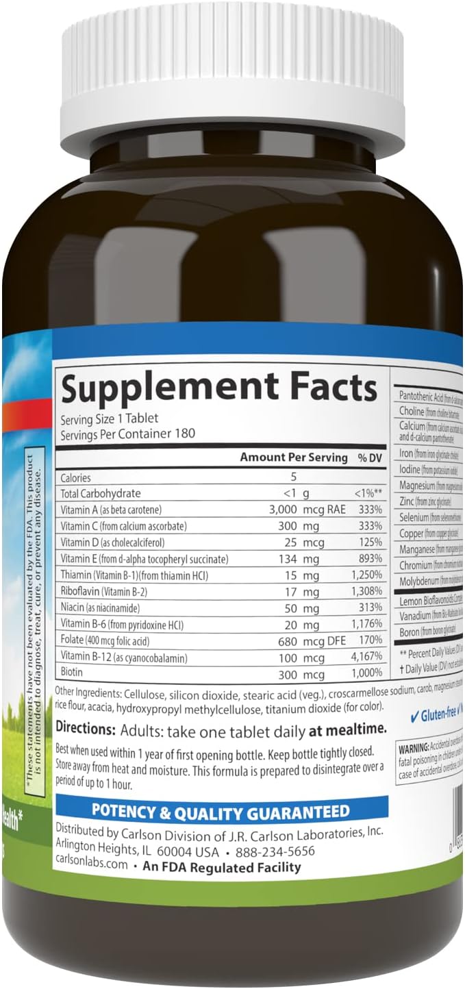 Carlson - Super 1 Daily Vegetarian Multiple Formula Multivitamin Optimal Wellness 180 Tablets