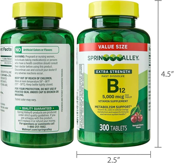 Extra Strength Vitamin B12 Fast-Dissolve Tablets 5000 mcg - Cherry Flavor 300 Count - Daily B12 Supplement (Pack of 1)