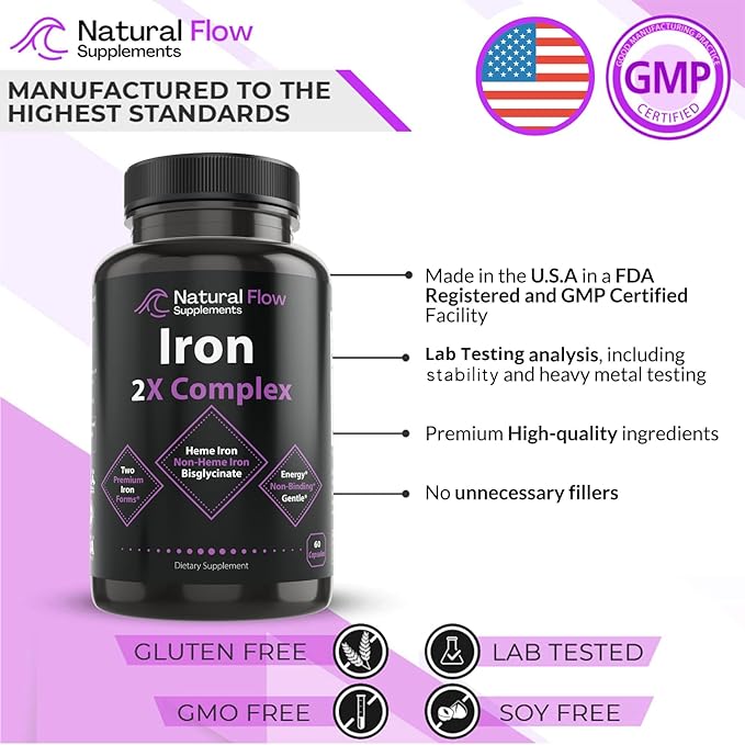 Iron Supplement 2-in-1 Complete Complex - Natural Flow 2X Heme and Chelated Non Heme Iron Bisglycinate Folate B and Vitamin C for Anemia and Blood Building Support Gentle on Stomach 60 Caps (60)
