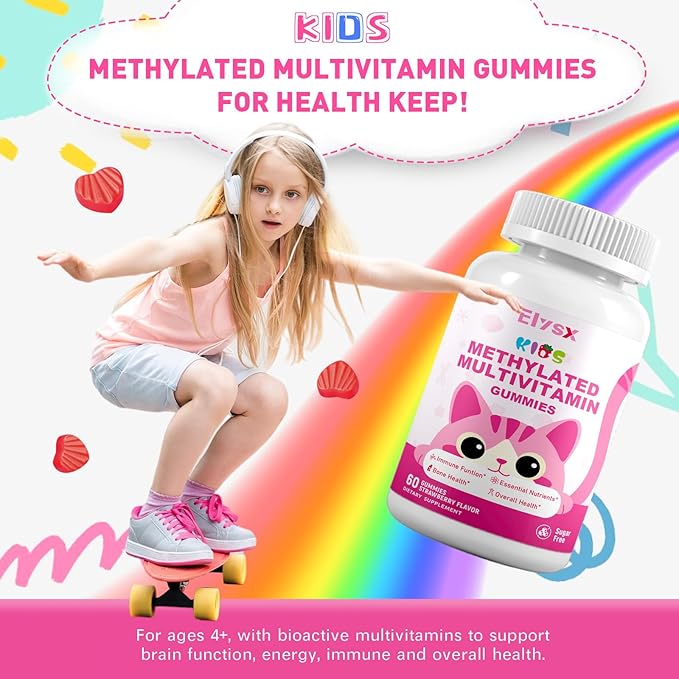 Kids Methylated Multivitamin Chewable Gummies MTHFR Supplement with L Methylfolate Magnesium Biotin Choline Inositol DHA TMG &amp Coq 10 Immune &amp Brain Support Strawberry Flavor 60 Ct