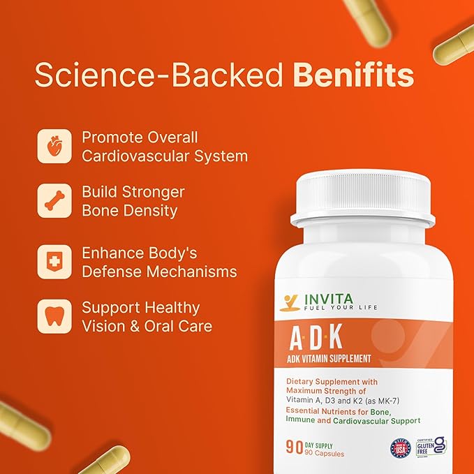 INVITA ADK Vitamin Supplement – 90 Capsules – High Potency of Vitamin A D3 5000 IU &amp K2-MK7 – Physician Formulated for Bone Heart &amp Immune Support – Non-GMO Gluten Free (3-Month Supply)