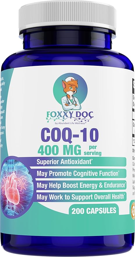 CoQ10 400 MG Per 2 Caps - Ubiquinone - Excellent Value - Heart Brain &amp Cellular Supplement - Energy Support - 200 Caps in Bottle - by Foxxy Doc