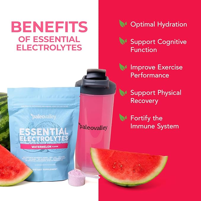 Paleovalley Essential Electrolytes Powder - Full Spectrum Watermelon Electrolyte Powder for Hydration Energy and Muscle Recovery - No Sugar Added - 30 Servings
