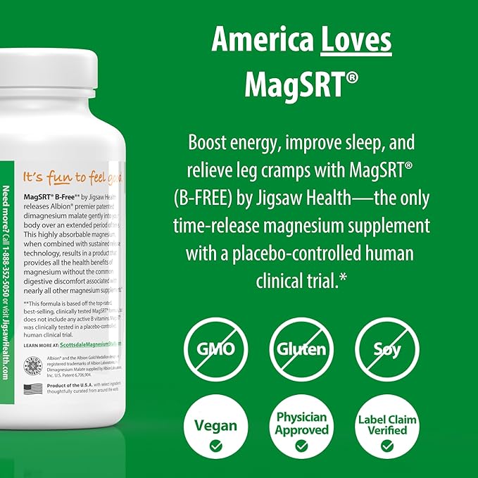 Jigsaw Health MagSRT (B-Free) | Premium Organic Slow Release Magnesium Supplement | Active Bioavailable Magnesium Malate Tablets | 240 Tablets | 60 Servings