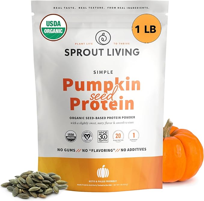 Sprout Living Organic Pumpkin Seed Protein Powder Unflavored 20 Grams of Plant Based Protein Powder Without Artificial Sweeteners Non Dairy Non-GMO Vegan Gluten Free (1 Pound 15 Servings)