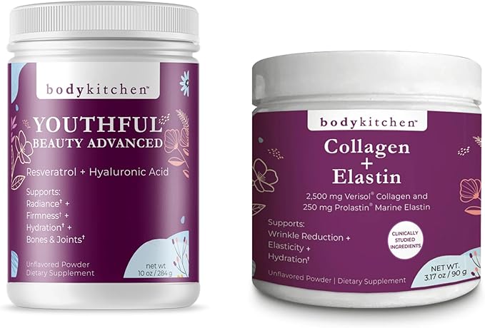 Body Kitchen Youthful Beauty &amp Collagen + Elastin Bundle – Advanced Anti-Aging Support for Skin Hydration Elasticity &amp Firmness – Promotes Healthy Hair Skin &amp Nails – Unflavored Collagen