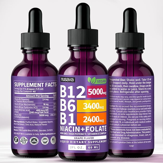 (2 Pack) Vitamin B12 and B6 Liquid Drops B12 Sublingual Vitamin B Complex - B 12 Vitamin 5000mcg - B12 Methylcobalamin for Energy Brain Heart Support with 27200 mcg Grape Flavor 80 Servings