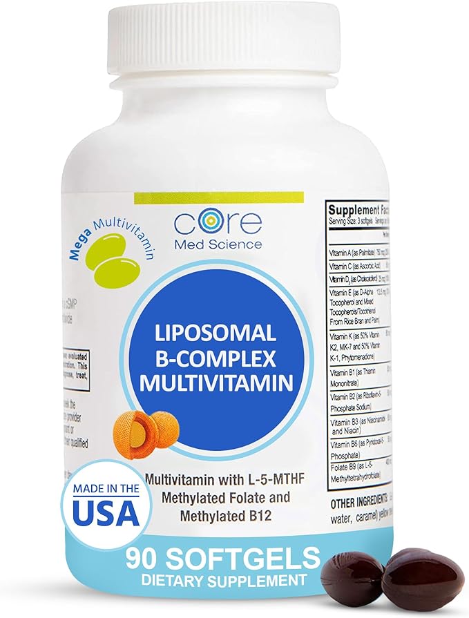 Core Med Science Liposomal Methylated Multivitamin B-Complex 90 Softgels - Non-GMO Active Super B Complex Vitamin Supplement for Heart Health - VIT Methyl B Complex Immune Support Supplement
