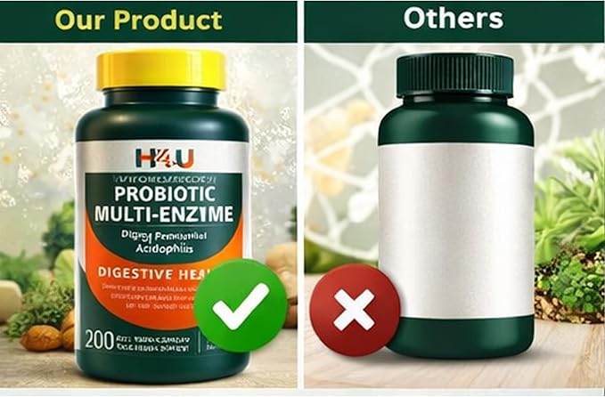 H4U Probiotic Multi-Enzyme Digestive Enzymes Formula with Acidophilus Tablets for Digestive Health &amp Gut Support Dietary Supplement 200 Count