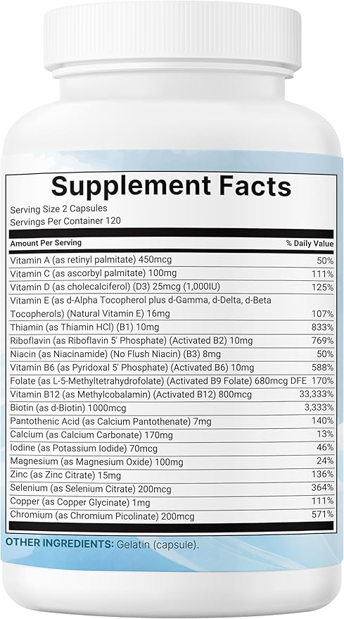 Micro Ingredients Pure Methylated Multivitamin 240 Capsules | 19-in-1 Formula with Vitamins C D B12 Folate Magnesium Zinc &amp More | Filler Free Non-GMO