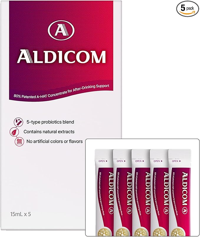 ALDICOM A | Before Drinking Party Favors Feel Better After Alcohol Science-Backed After Drinking Supplement Travel Size Liquid 5-Pack (0.6 oz)