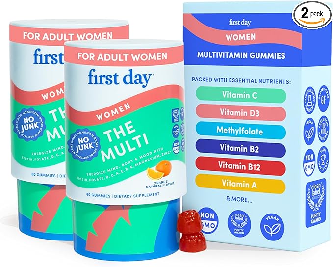 FIRST DAY Multivitamin for Women - Daily Womens Multivitamin Gummies - Vitamin A C D E B12 Magnesium Zinc Biotin – Vegan Gluten Free Womens Vitamins - Hair Growth Skin Energy – 60 Day Supply