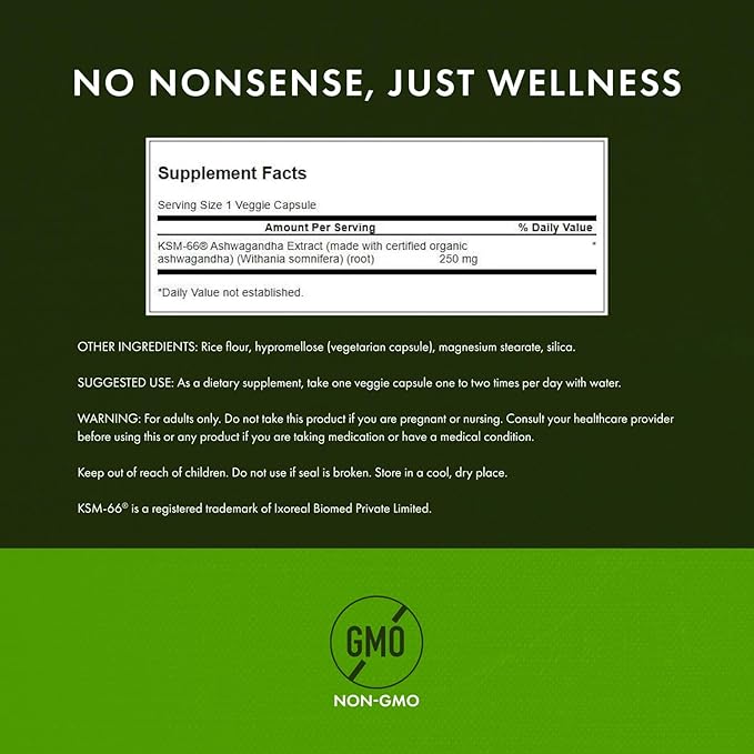 Swanson Ultimate Ashwagandha KSM-66 - Herbal Supplement Supporting Healthy Stress Levels &amp Relaxation - Natural Formula to Promote a Calm &amp Relaxed Mindset - (60 Veggie Capsules 250mg Each) (