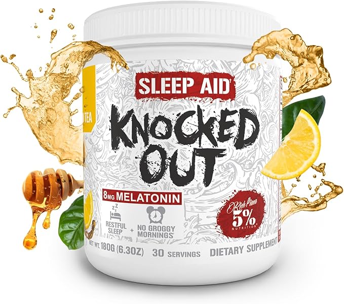 5% Nutrition Rich Piana Knocked Out Natural Sleep Aid Powder | Post-Workout Recovery &amp Deep Sleep Supplement | GABA Melatonin Chamomile Tyrosine 5-HTP &amp More | 30 Servings (Honey Lemon Te