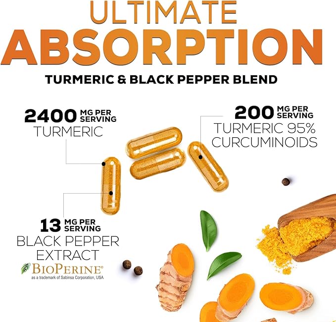 Turmeric Curcumin Supplement - 2400mg Organic Turmeric Per Serving - 95% Curcuminoids &amp BioPerine Black Pepper Extract for Best Absorption - Natural Vegan Joint Support Bottled in USA - 240 Capsu