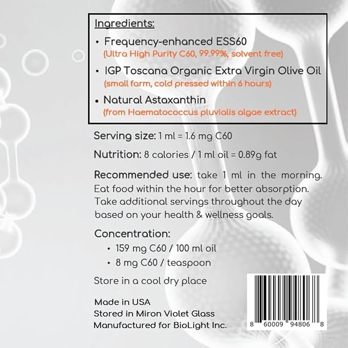 BIOLIGHT BioC60 Antioxidant Supplement - Frequency-Enhanced ESS60 Carbon 60 in Tuscan Organic Extra Virgin Olive Oil &amp Astaxanthin Oil - Vegan Friendly for Daily Wellness Support (30 Days)