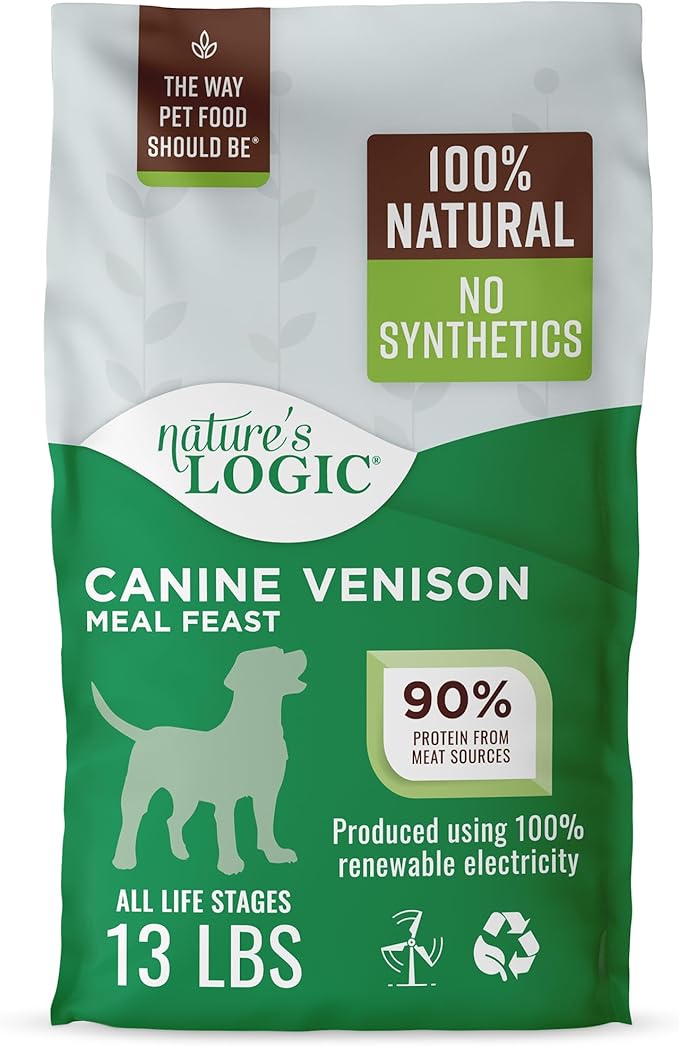 Nature's Logic Dry Dog Food - 100% Natural - No Synthetics - for All Ages Sizes Breeds - Free from Common Allergens High Protein - Venison Meal Feast 13lbs