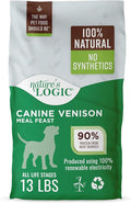 Nature's Logic Dry Dog Food - 100% Natural - No Synthetics - for All Ages Sizes Breeds - Free from Common Allergens High Protein - Venison Meal Feast 13lbs