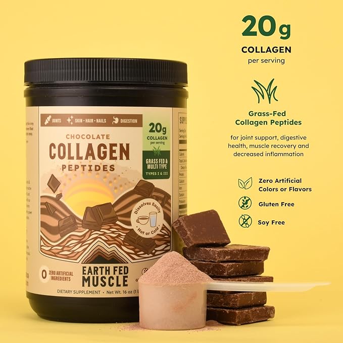 Earth Fed Muscle Chocolate Collagen Peptides Powder – Grass Fed Hydrolyzed Collagen for Women &amp Men - Healthy Bones Skin &amp Hair - Types 1 &amp 3 Collagen Powder 20g Per Serving 19 Servings