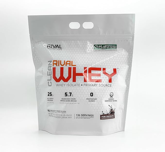 RIVAL NUTRITION Clean Rival Whey – 10LB Pure Chocolate – 100% Whey Protein Powder Whey Isolate Primary Source | 25g Protein Muscle Gain/Recovery | All Natural No Artificial Ingredients- 136 Servings